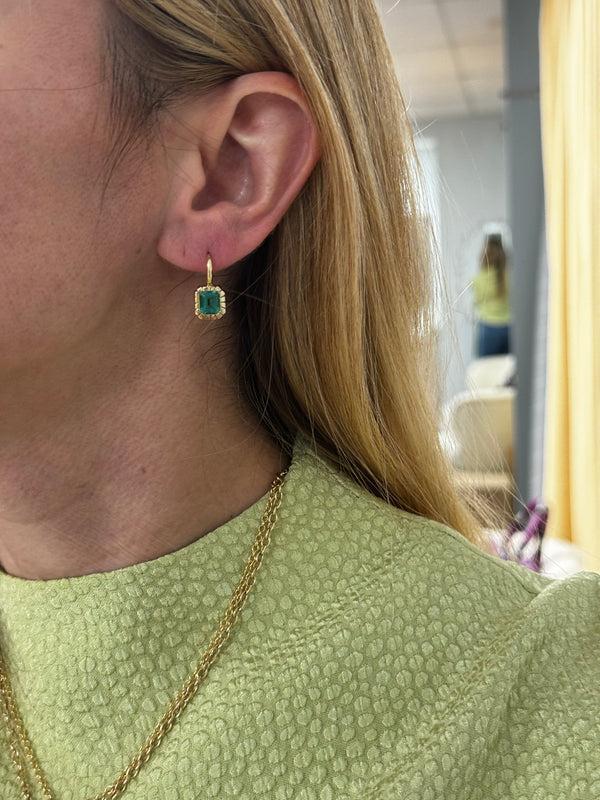 Retrouvai 1.99ct Emerald Cut Emerald Heirloom Bezel Earrings