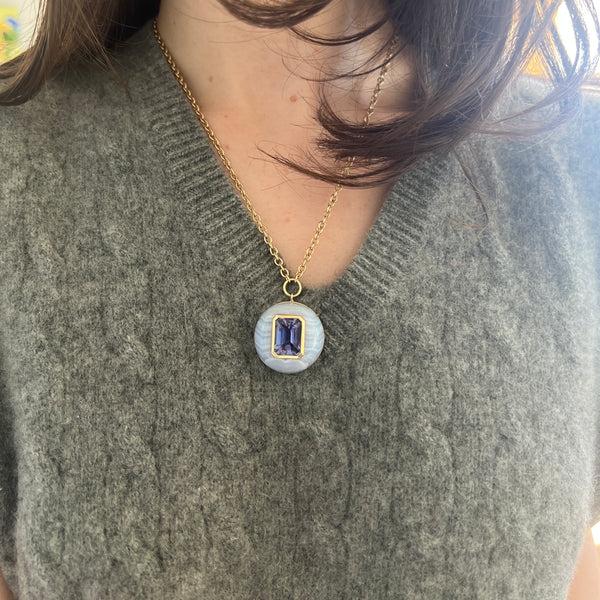 Retrouvai 10.1ct Emerald Cut Tanzanite In Hand Carved Blue Lace Agate Lollipop Pendant