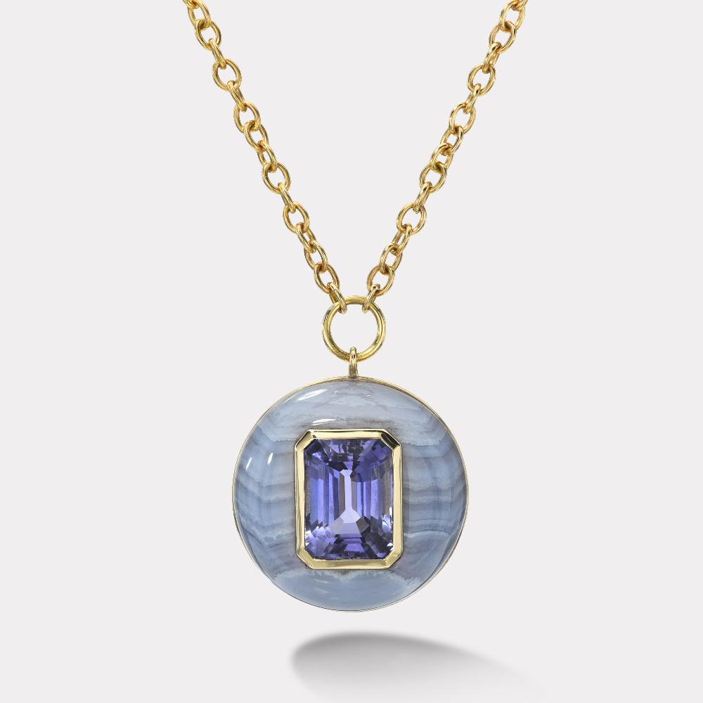 retrouvai 10.1ct Emerald Cut Tanzanite in Hand Carved Blue Lace Agate Lollipop Pendant