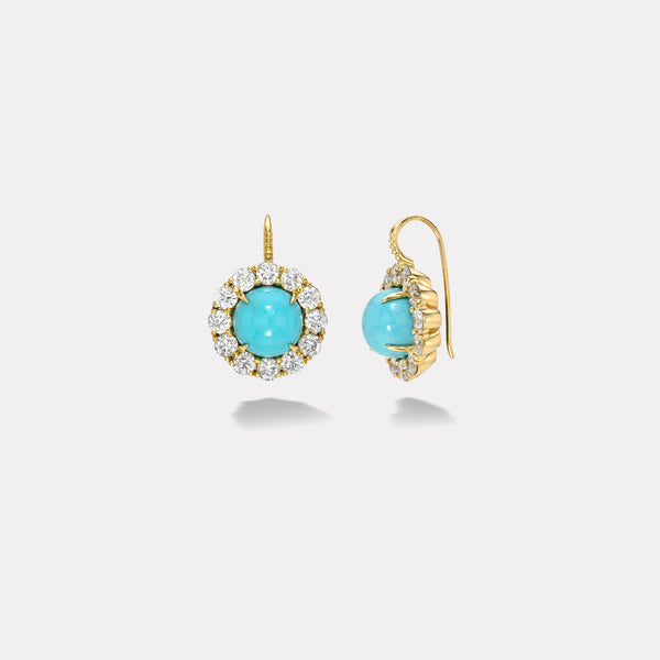 Retrouvai 10.6 Round Turquoise Cabochons With Diamonds Heirloom Bezel Earrings