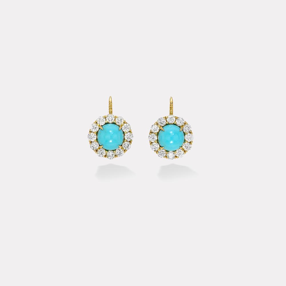 retrouvai 10.6 Round Turquoise Cabochons with Diamonds Heirloom Bezel Earrings