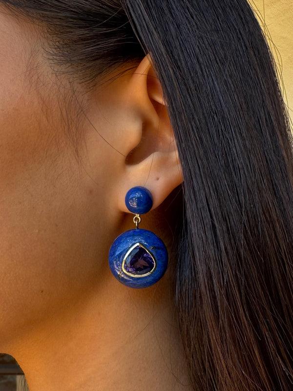 Retrouvai 10.71ct Pear Tanzanites In Lapis Lollipop Earrings