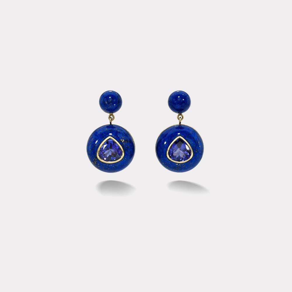 retrouvai 10.71ct Pear Tanzanites in Lapis Lollipop Earrings