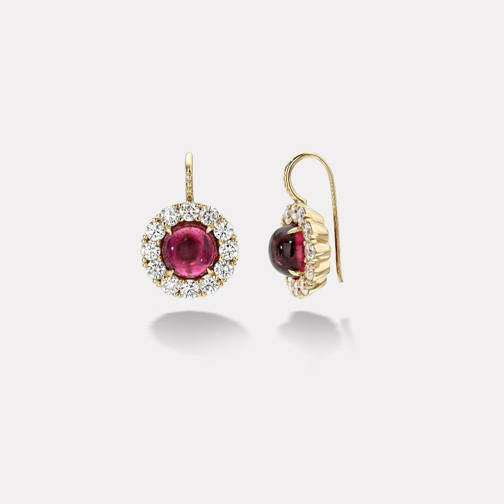 retrouvai 10.7ct Cabochon Pink Tourmalines with Diamond Halo Heirloom Bezel Earrings