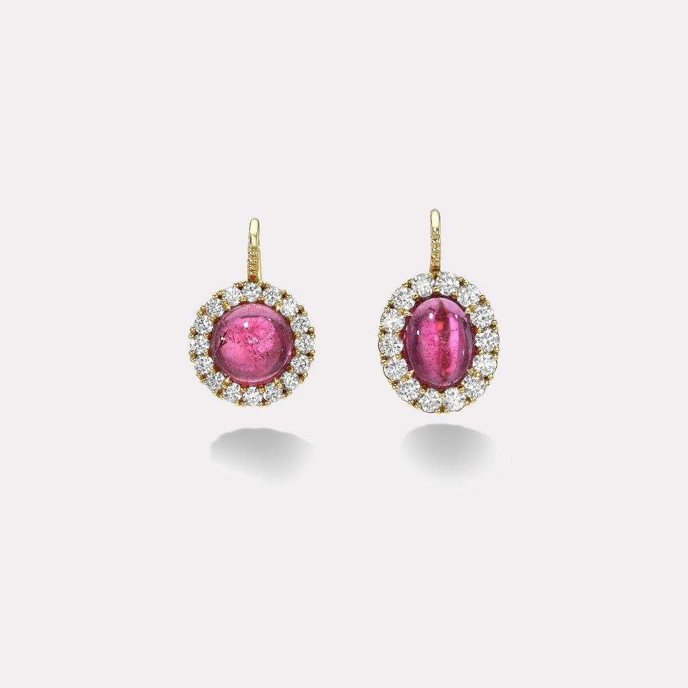 retrouvai 11.7ct Cabochon Round and Oval Pink Tourmalines with Diamond Halo Heirloom Bezel Earrings