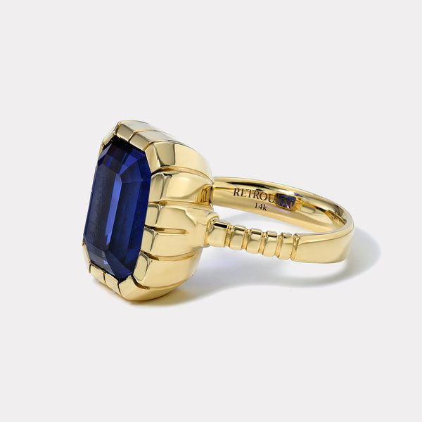 Retrouvai 12.33ct Emerald Cut Tanzanite Heirloom Bezel Ring