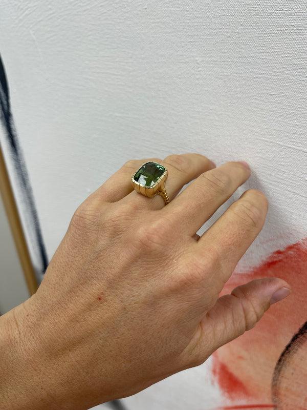 Retrouvai 12.35ct Cushion Cut Green Tourmaline Heirloom Bezel Ring