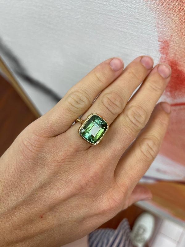 Retrouvai 12.35ct Cushion Cut Green Tourmaline Heirloom Bezel Ring