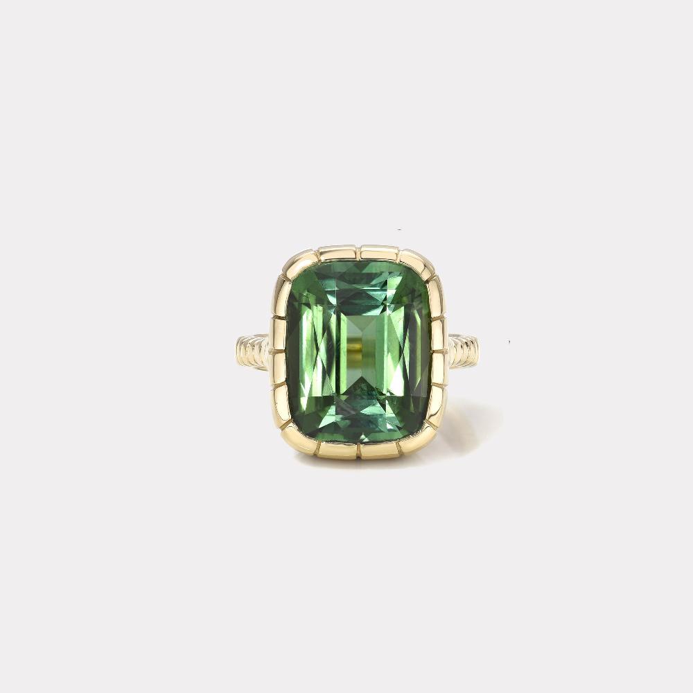 retrouvai 12.35ct Cushion Cut Green Tourmaline Heirloom Bezel Ring