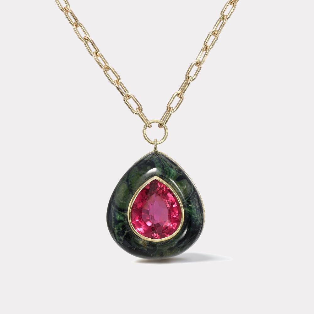 retrouvai 12.69ct Vivid Rubellite in Jasper Lollipop Pendant