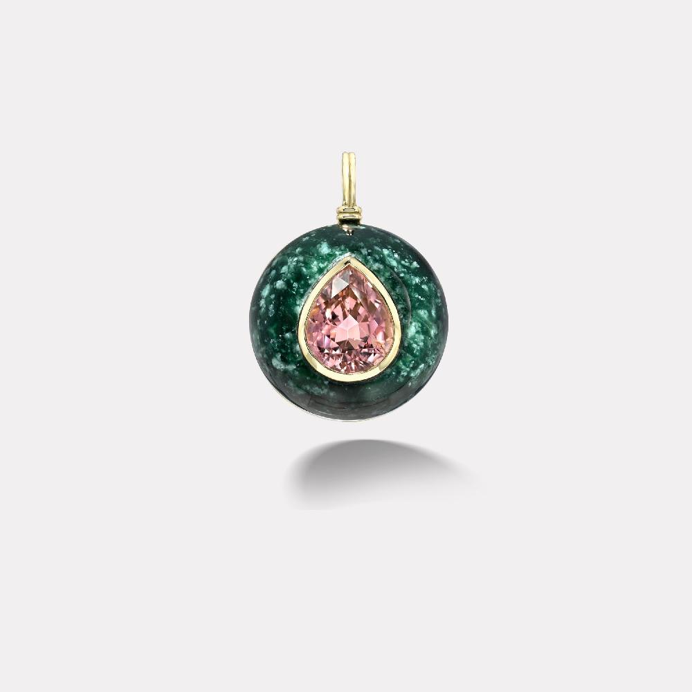 retrouvai 14.45ct Pear Pink Tourmaline in Hand Carved Dark Green Jade Lollipop Charm