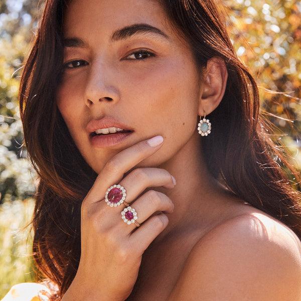 Retrouvai 14ct Oval Pink Tourmaline Cabochon Diamond Heirloom Bezel Ring