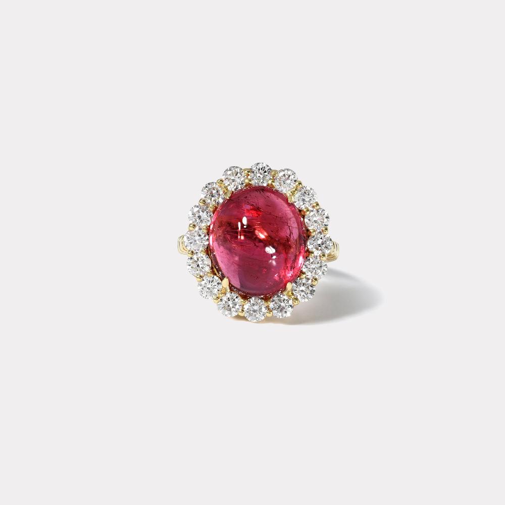 retrouvai 14ct Oval Pink Tourmaline Cabochon Diamond Heirloom Bezel Ring