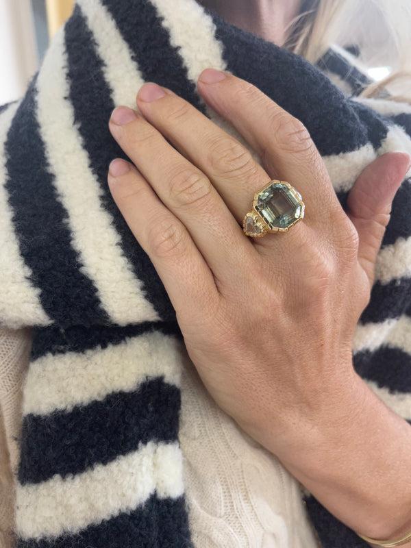 Retrouvai 15.31ct Green Sapphire And GIA Diamond Heirloom Bezel Ring