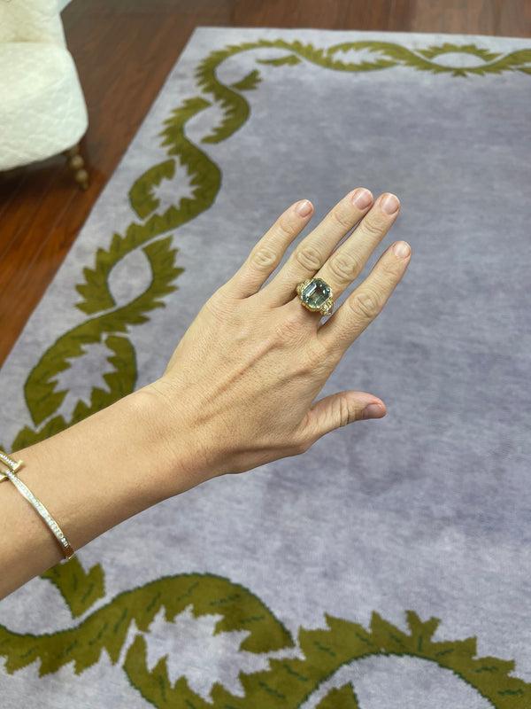 Retrouvai 15.31ct Green Sapphire And GIA Diamond Heirloom Bezel Ring