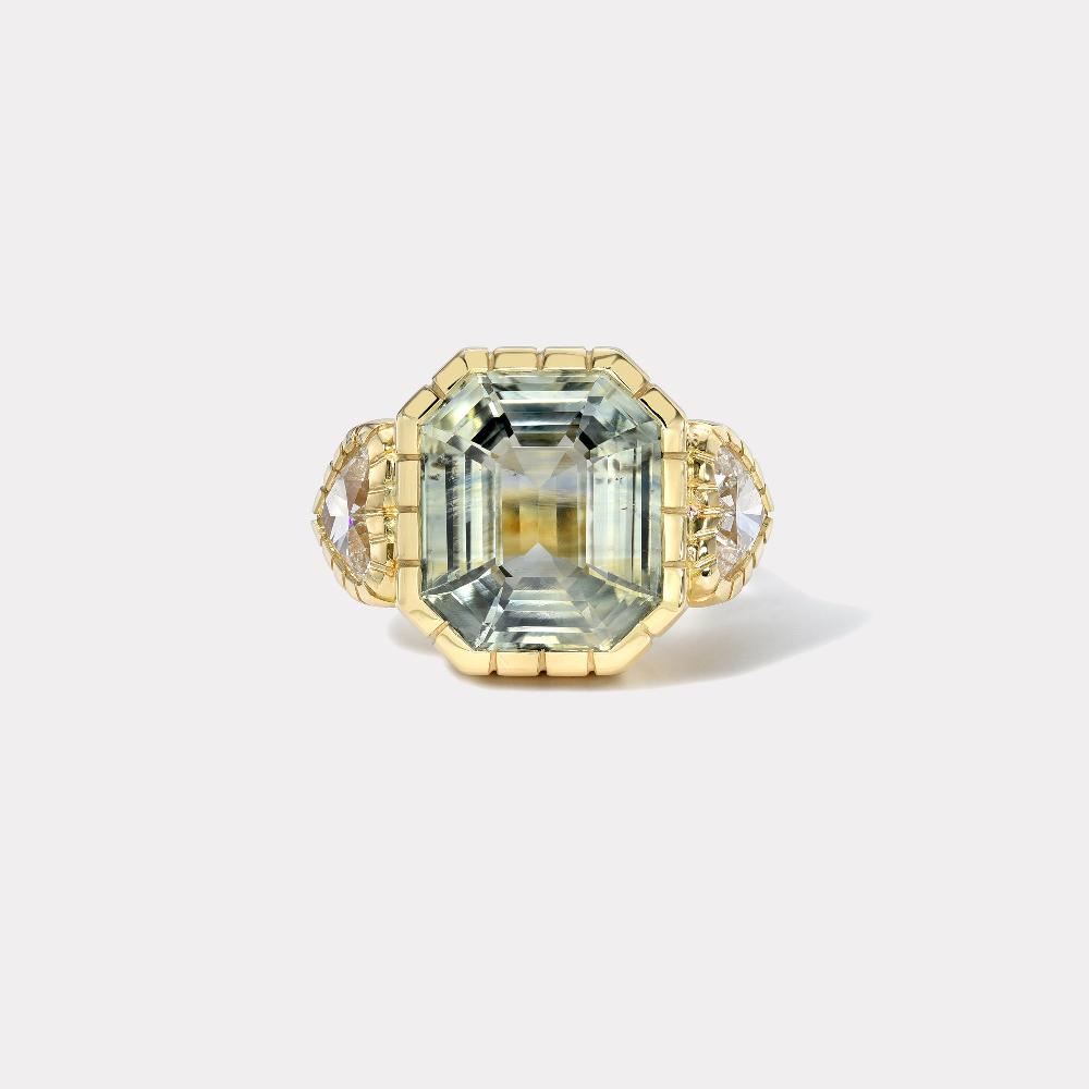 retrouvai 15.31ct Green Sapphire and GIA Diamond Heirloom Bezel Ring