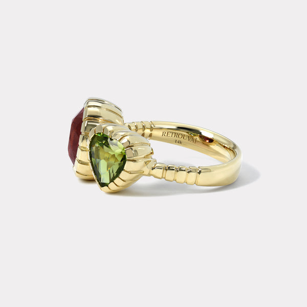 Retrouvai 1ct Peridot And 1.2ct Rubellite Double Stone Heirloom Bezel Ring