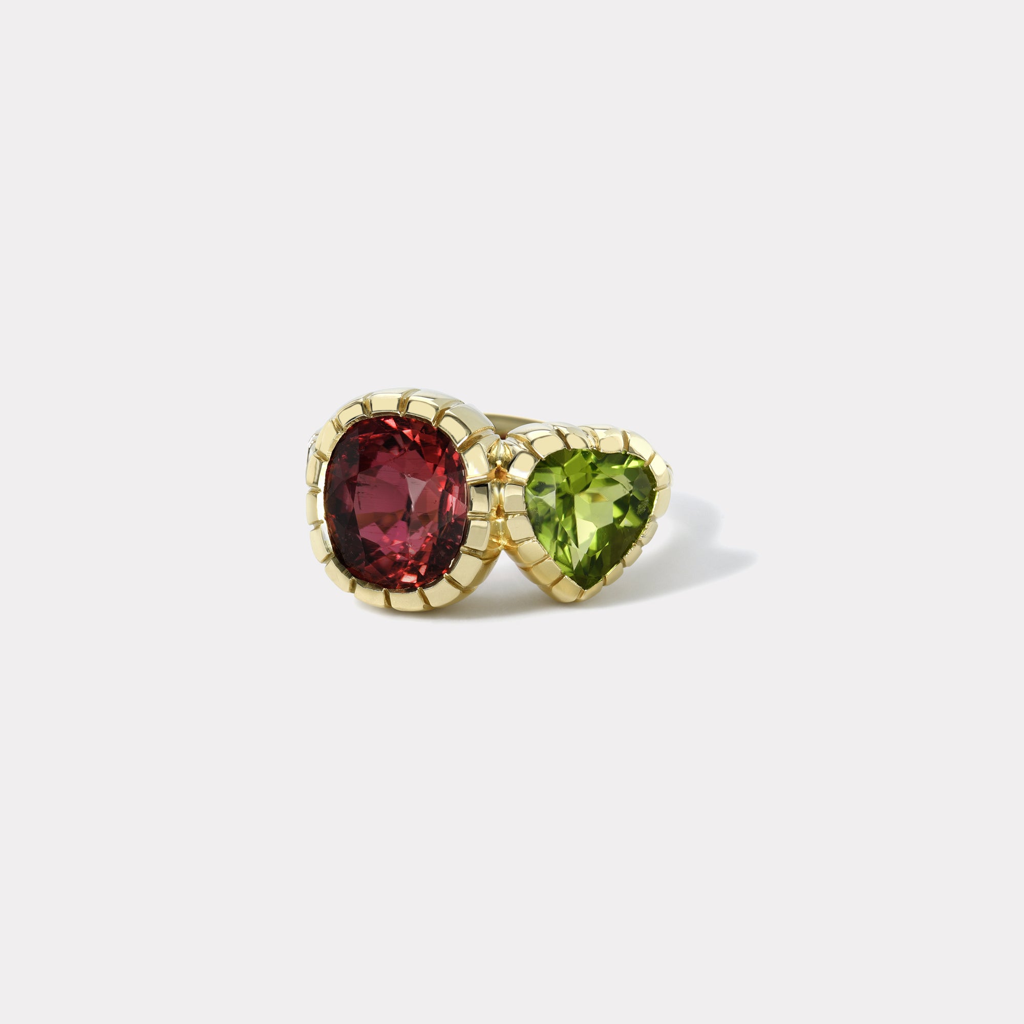 retrouvai 1ct Peridot and 1.2ct Rubellite Double Stone Heirloom Bezel Ring