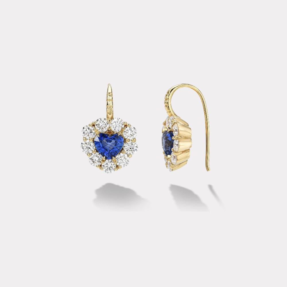 retrouvai 2.06ct Heart Blue Sapphires with Diamond Halo Heirloom Bezel Earrings