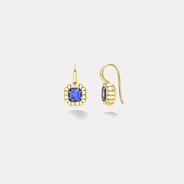 Retrouvai 2.08ct Asscher Blue Sapphire Heirloom Bezel Earrings