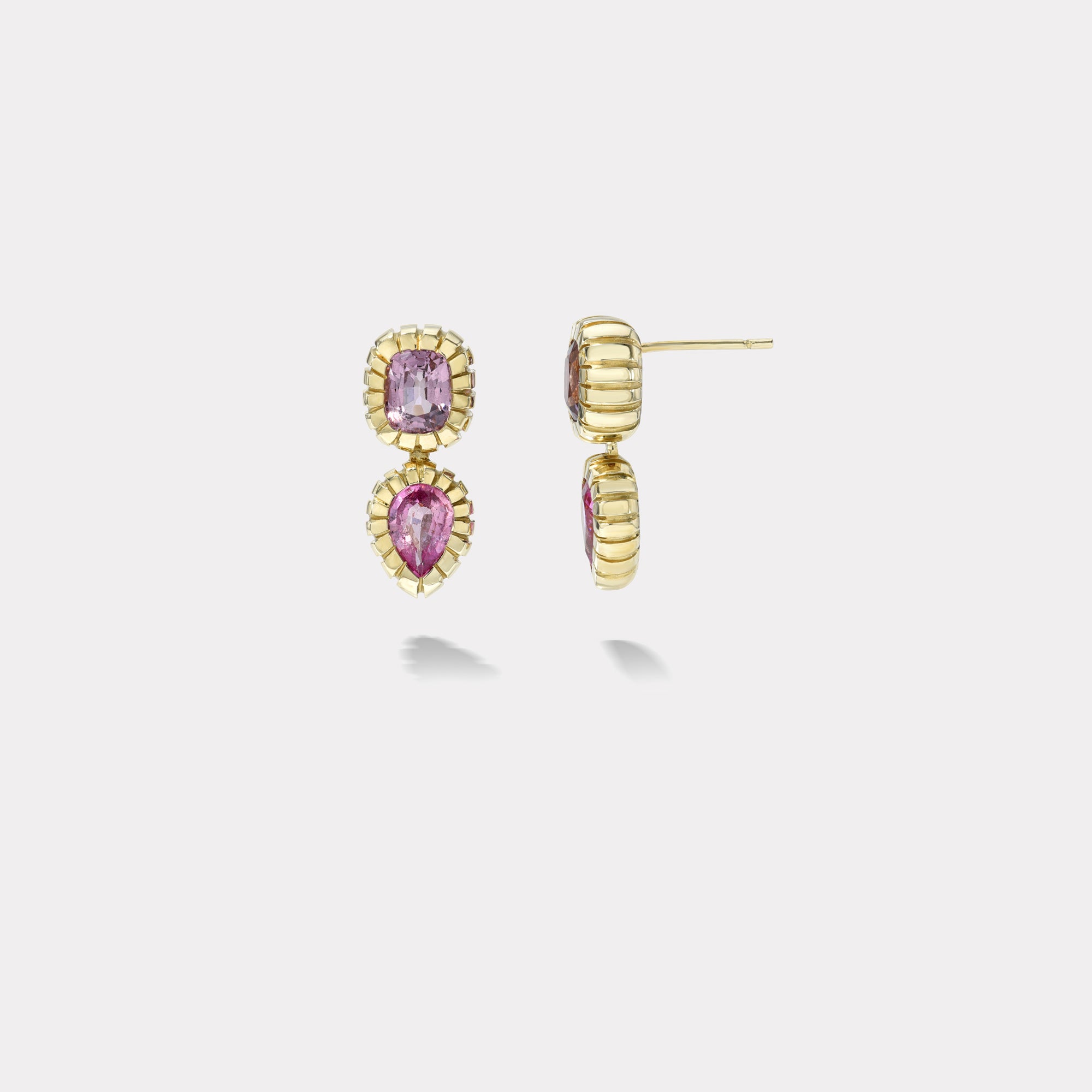 retrouvai 2.17ct Pink Spinel and 1.63ct Pink Sapphire Double Stone Heirloom Bezel Earrings