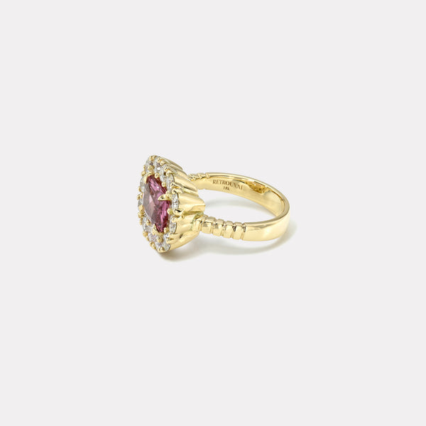 Retrouvai 2.18ct Cushion Pink Tourmaline Diamond Heirloom Bezel Ring