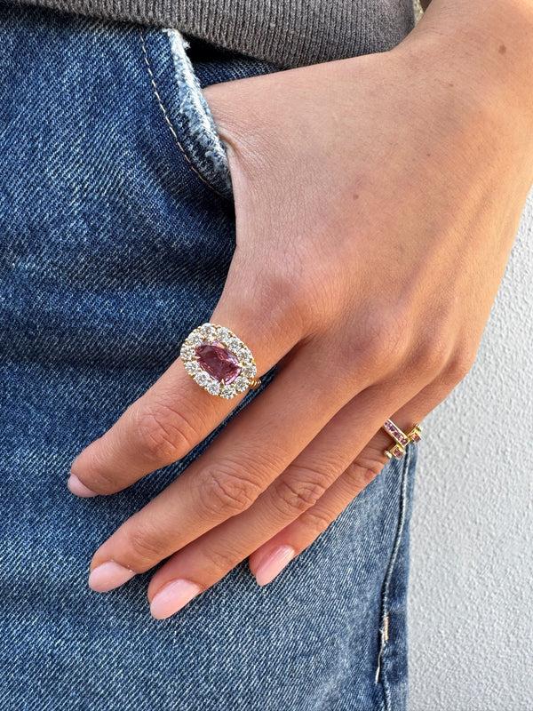 Retrouvai 2.18ct Cushion Pink Tourmaline Diamond Heirloom Bezel Ring