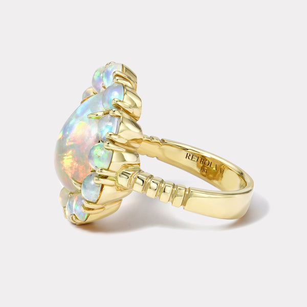 Retrouvai 2.18ct Ethiopian Opal Pear Cabochon And Opal Halo Heirloom Bezel Ring