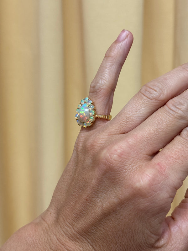 Retrouvai 2.18ct Ethiopian Opal Pear Cabochon And Opal Halo Heirloom Bezel Ring