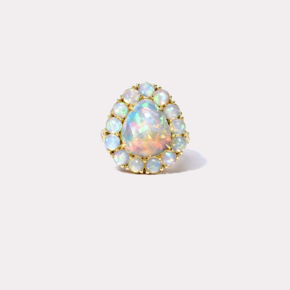 retrouvai 2.18ct Ethiopian Opal Pear Cabochon and Opal Halo Heirloom Bezel Ring