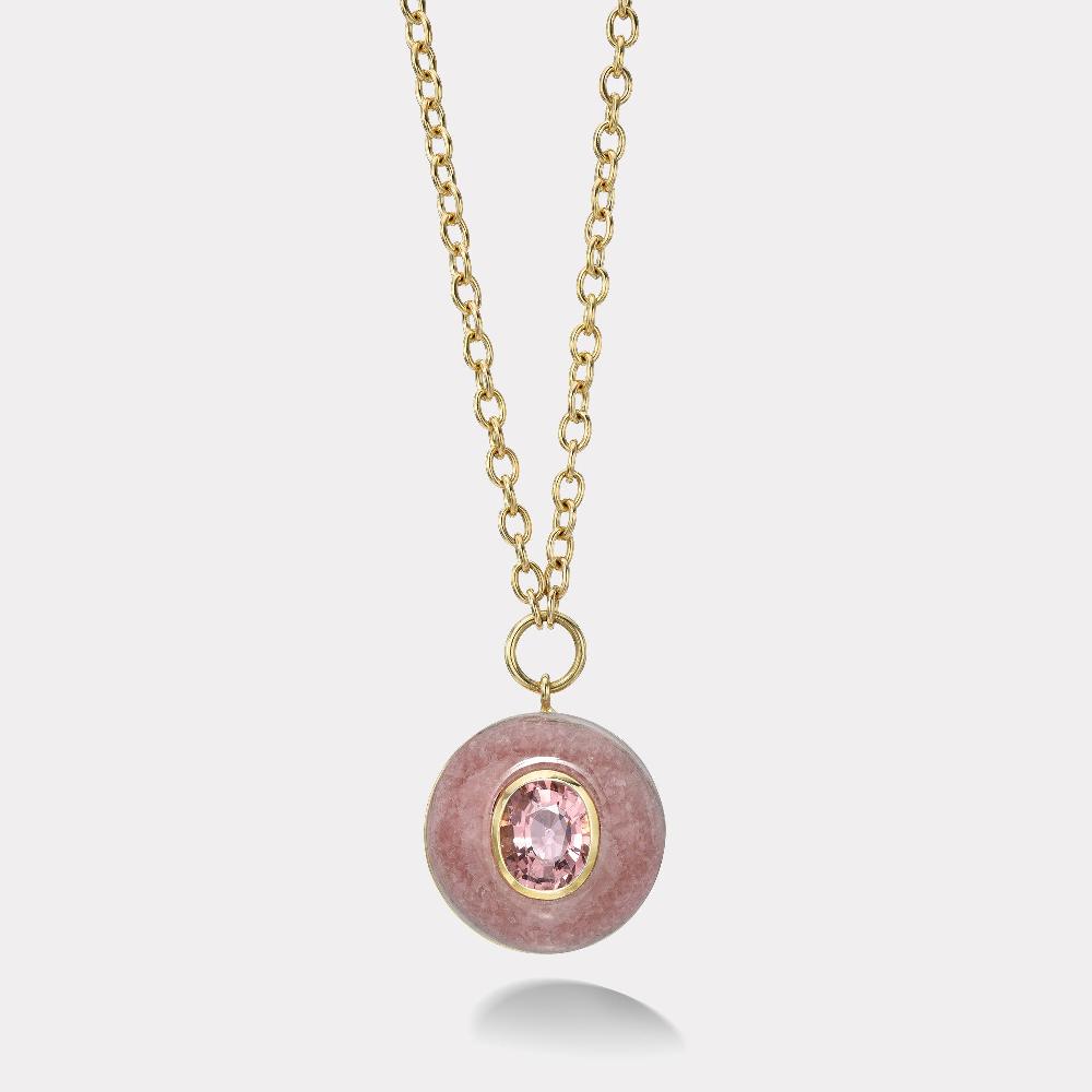 retrouvai 2.30ct Oval Pink Tourmaline in Hand Carved Rhodochrosite Lollipop Pendant