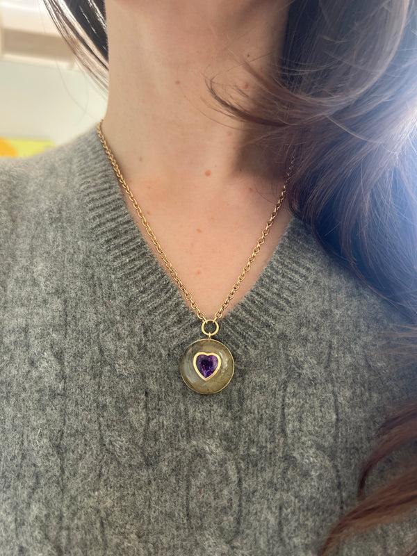 Retrouvai 2.37ct Heart Amethyst In Hand Carved Labradorite Lollipop Pendant