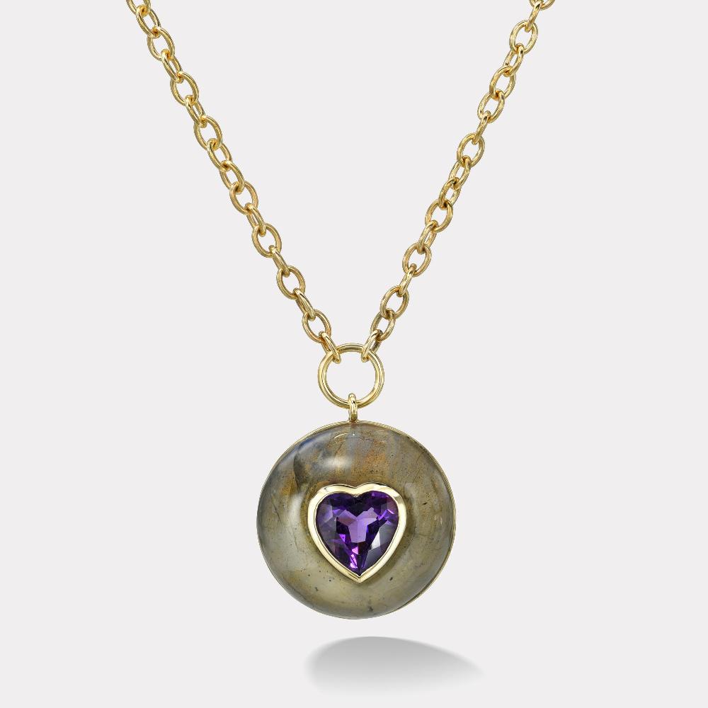 retrouvai 2.37ct Heart Amethyst in Hand Carved Labradorite Lollipop Pendant