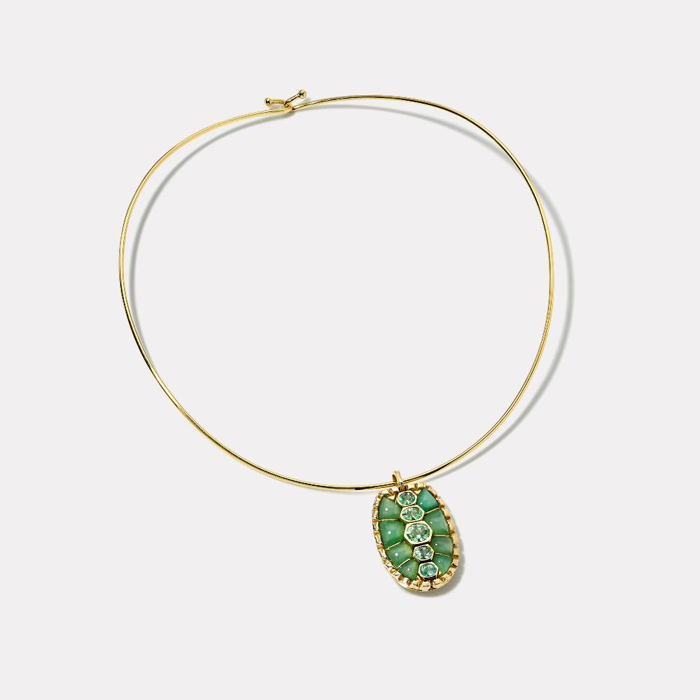 retrouvai 2.39ct Paraiba and Hand Carved Chrysoprase Tortoiseshell Pendant