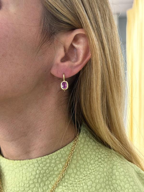 Retrouvai 2.3ct Cushion Pink Sapphire Heirloom Bezel Earrings