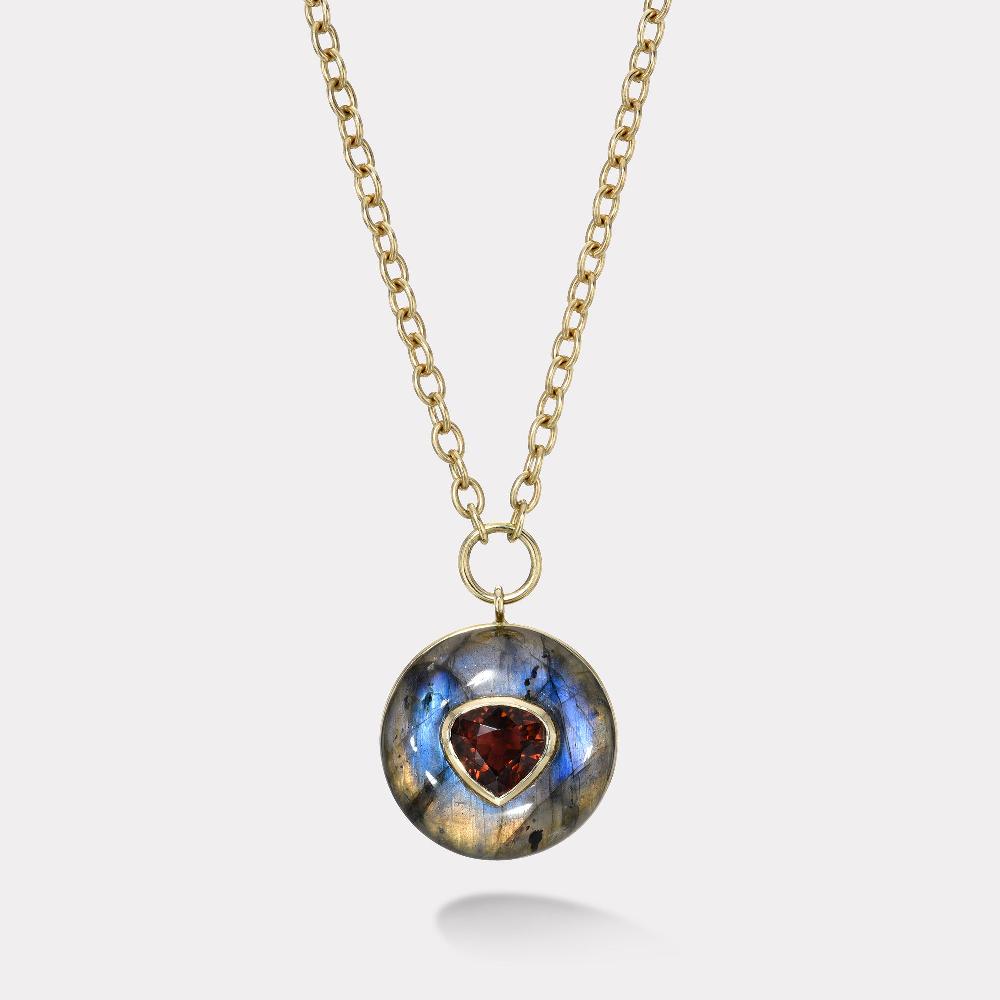 retrouvai 2.3ct Pear Brown Tourmaline in Hand Carved Labradorite Lollipop Pendant