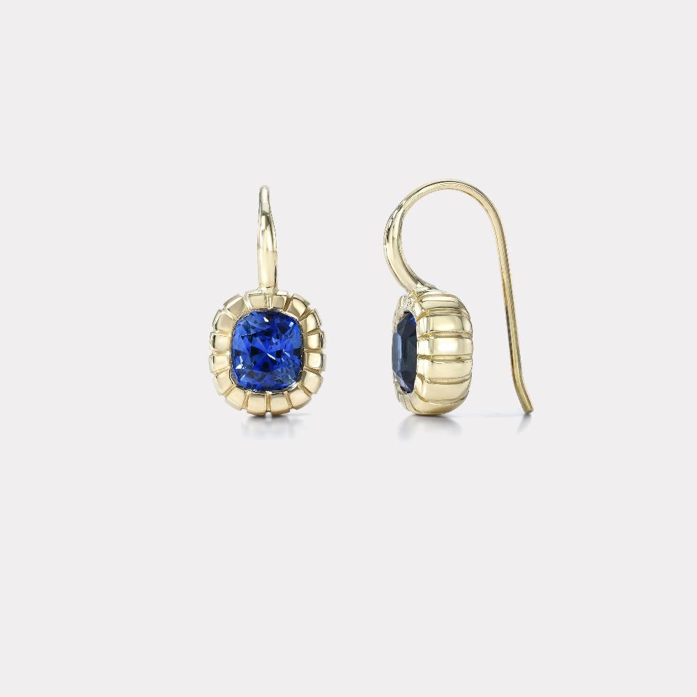 retrouvai 2.58ct Unheated Cushion Blue Sapphire Heirloom Bezel Earrings