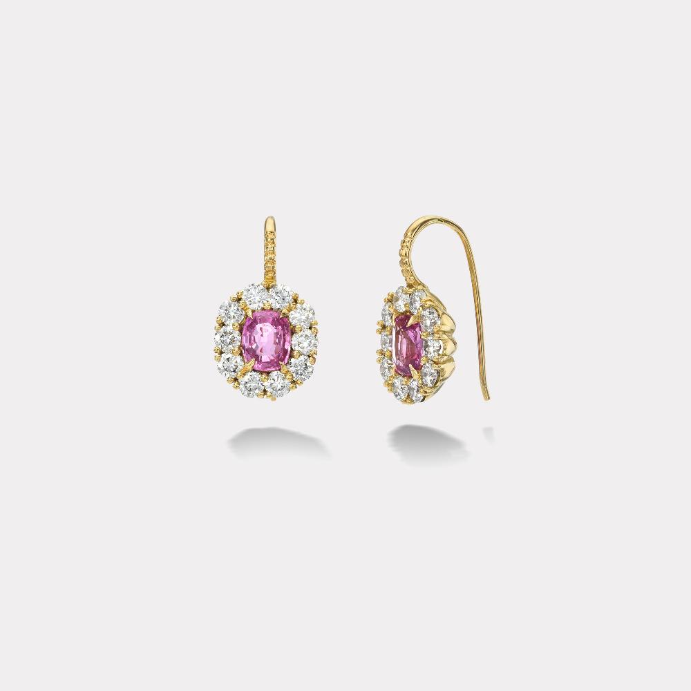 retrouvai 2.67ct Oval Pink Sapphires with 2.25ct Diamond Halo Heirloom Bezel Earrings