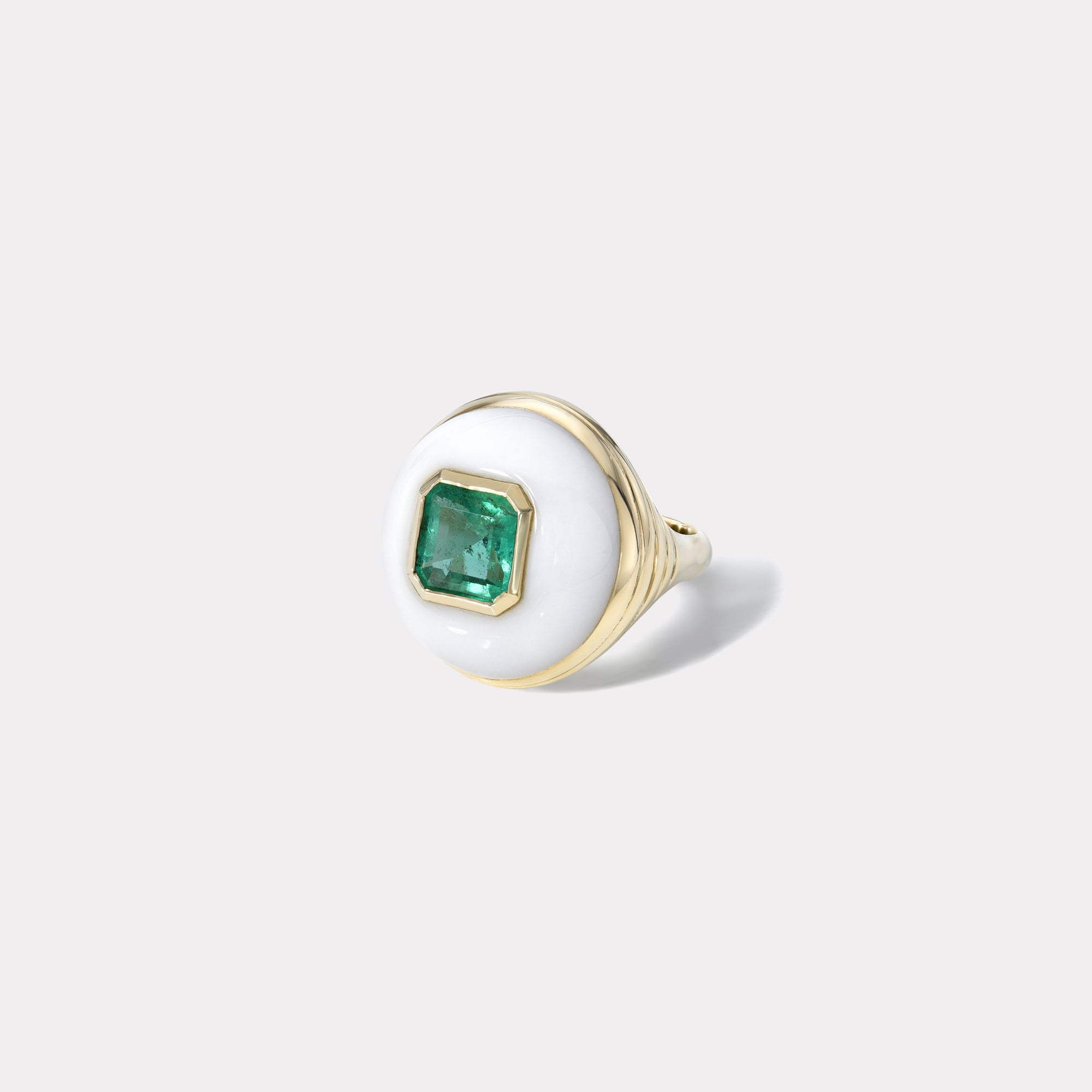 retrouvai 2.68ct Square Emerald cut Emerald in Hand Carved White Chalcedony Petite Lollipop Ring