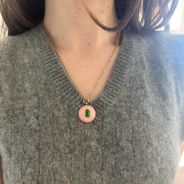 Retrouvai 2.6ct Green Tourmaline In Hand Carved Pink Opal Lollipop Pendant