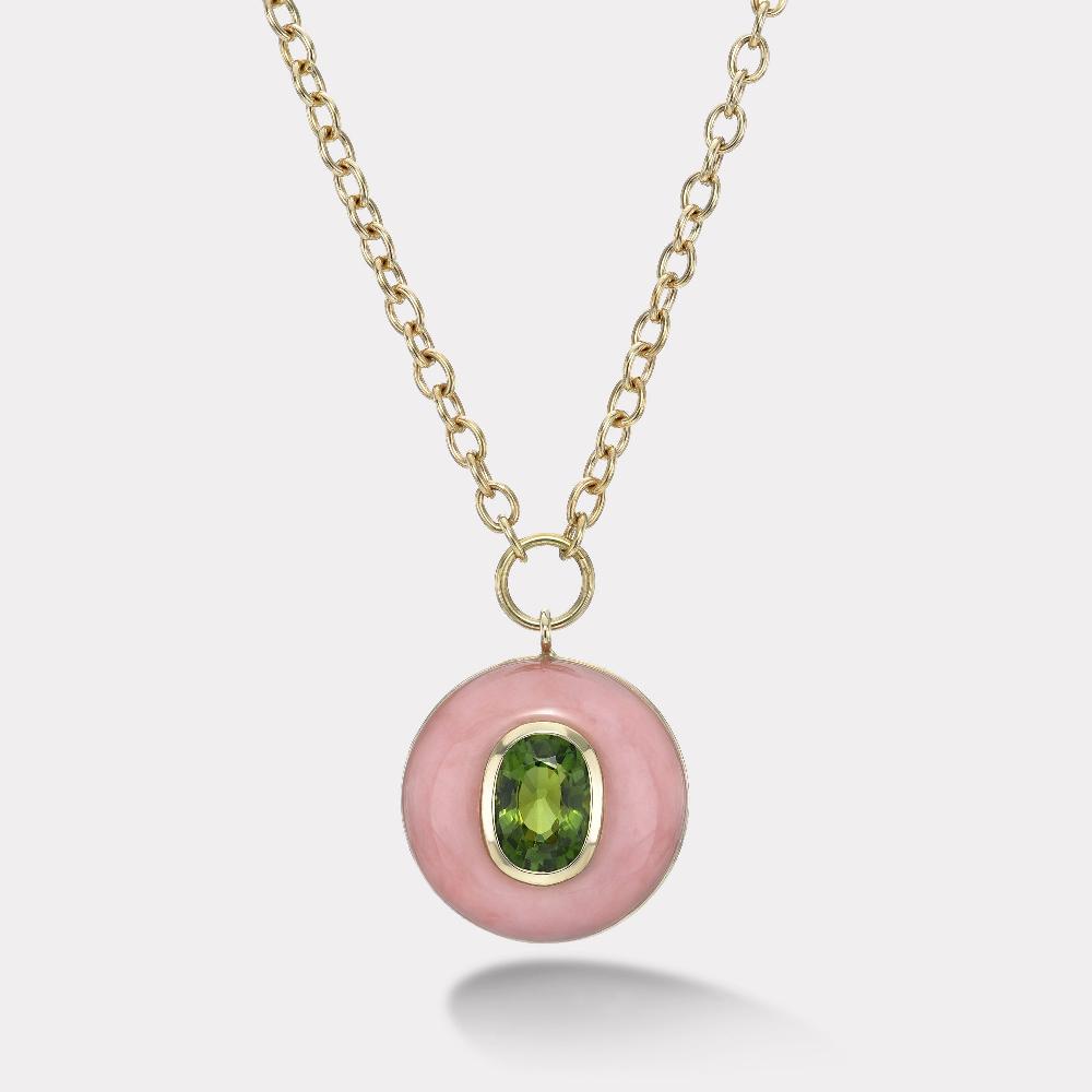 retrouvai 2.6ct Green Tourmaline in Hand Carved Pink Opal Lollipop Pendant