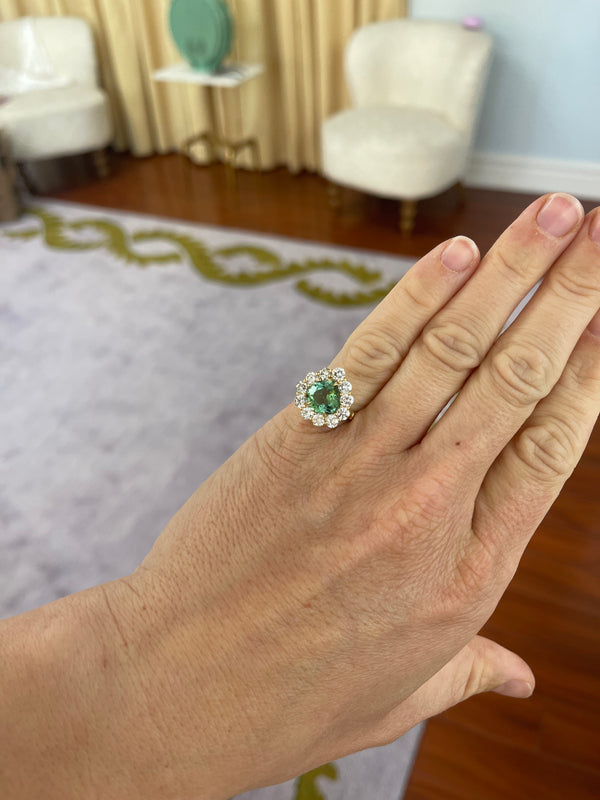 Retrouvai 2.78ct Green Tourmaline Diamond Heirloom Bezel Ring