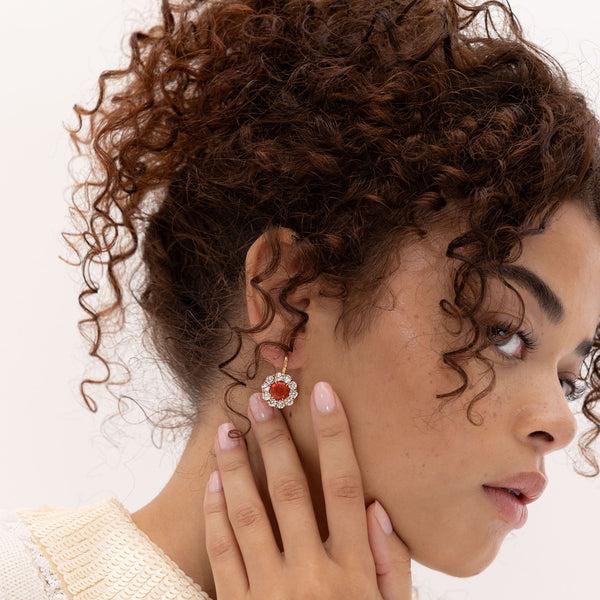 Retrouvai 2.79ct Round Fire Opals With 3.58ct Diamond Halo Heirloom Bezel Earrings