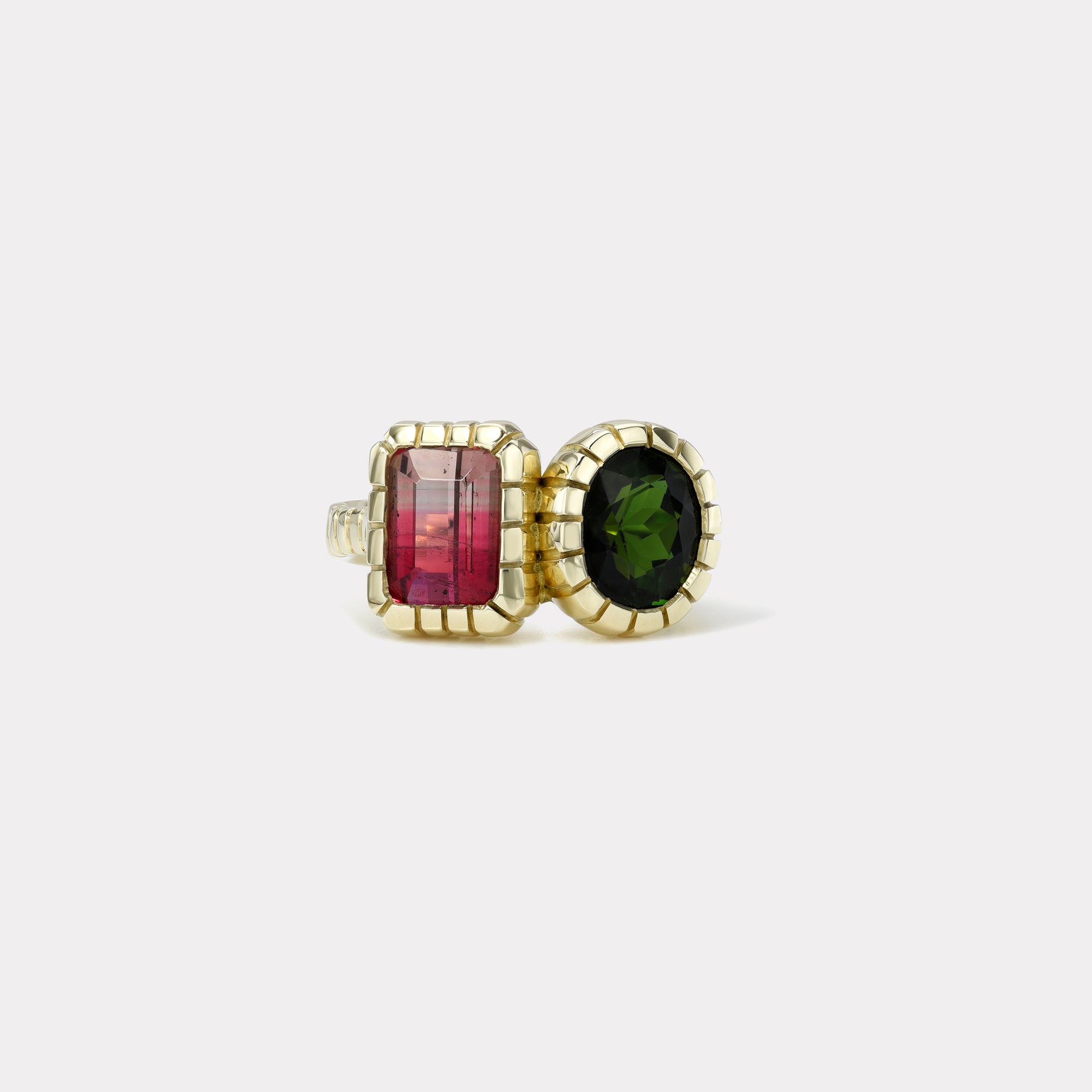 retrouvai 2.7ct Emerald Cut Pink Tourmaline and 2.3ct Oval Green Tourmaline Heirloom Bezel Ring