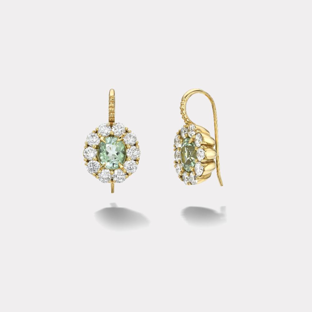 retrouvai 2.7ct Oval Green Sapphires with 2.48ct Diamond Halo Heirloom Bezel Earrings