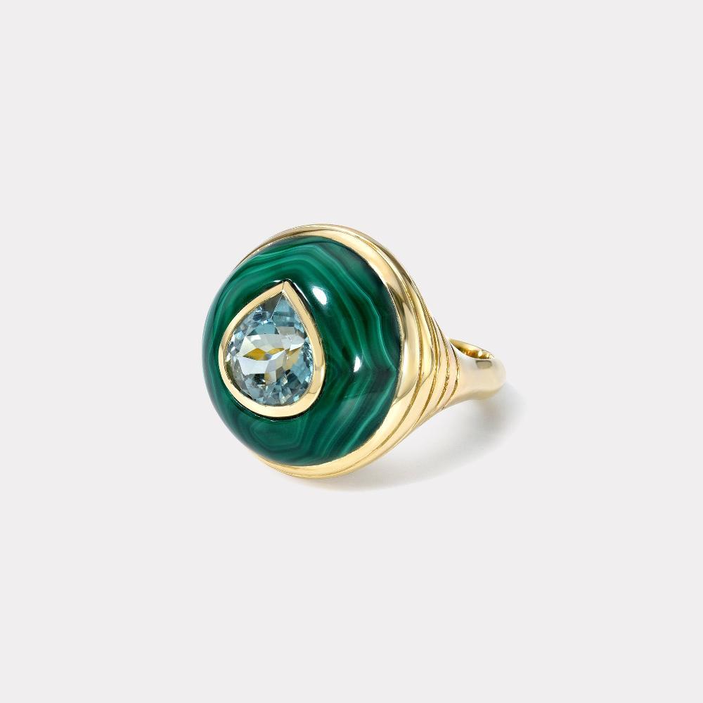 retrouvai 2.7ct Pear Green Tourmaline in Hand Carved Malachite Petite Lollipop Ring