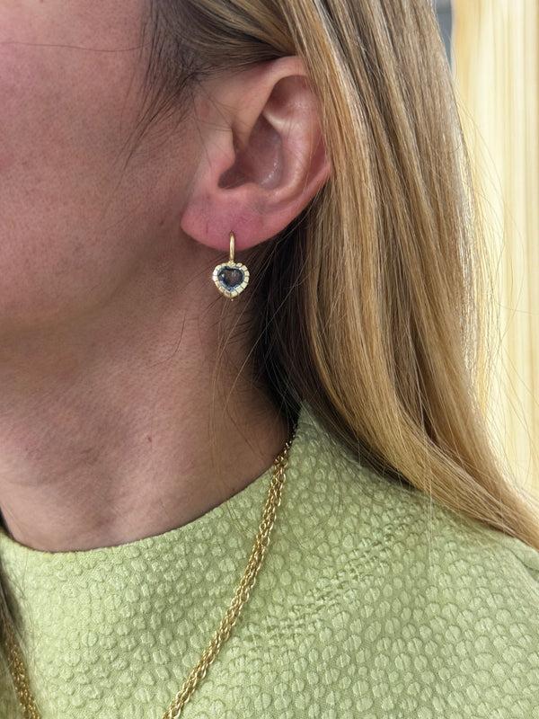 Retrouvai 2.87ct Heart Blue Sapphire Heirloom Bezel Earrings