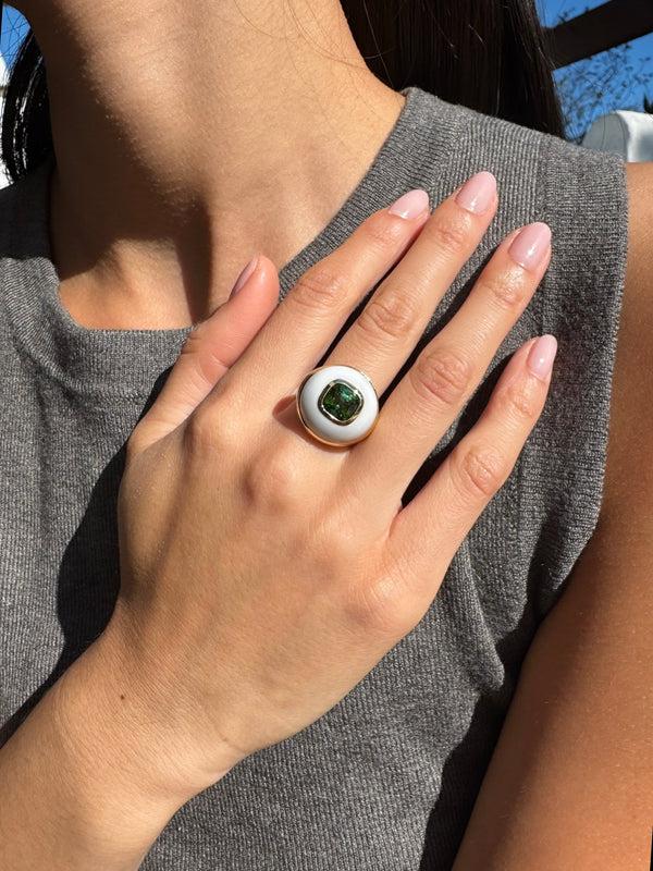 Retrouvai 2.9ct Cushion Green Tourmaline In Hand Carved White Chalcedony Petite Lollipop Ring