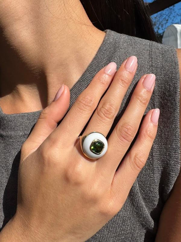 Retrouvai 2.9ct Cushion Green Tourmaline In Hand Carved White Chalcedony Petite Lollipop Ring
