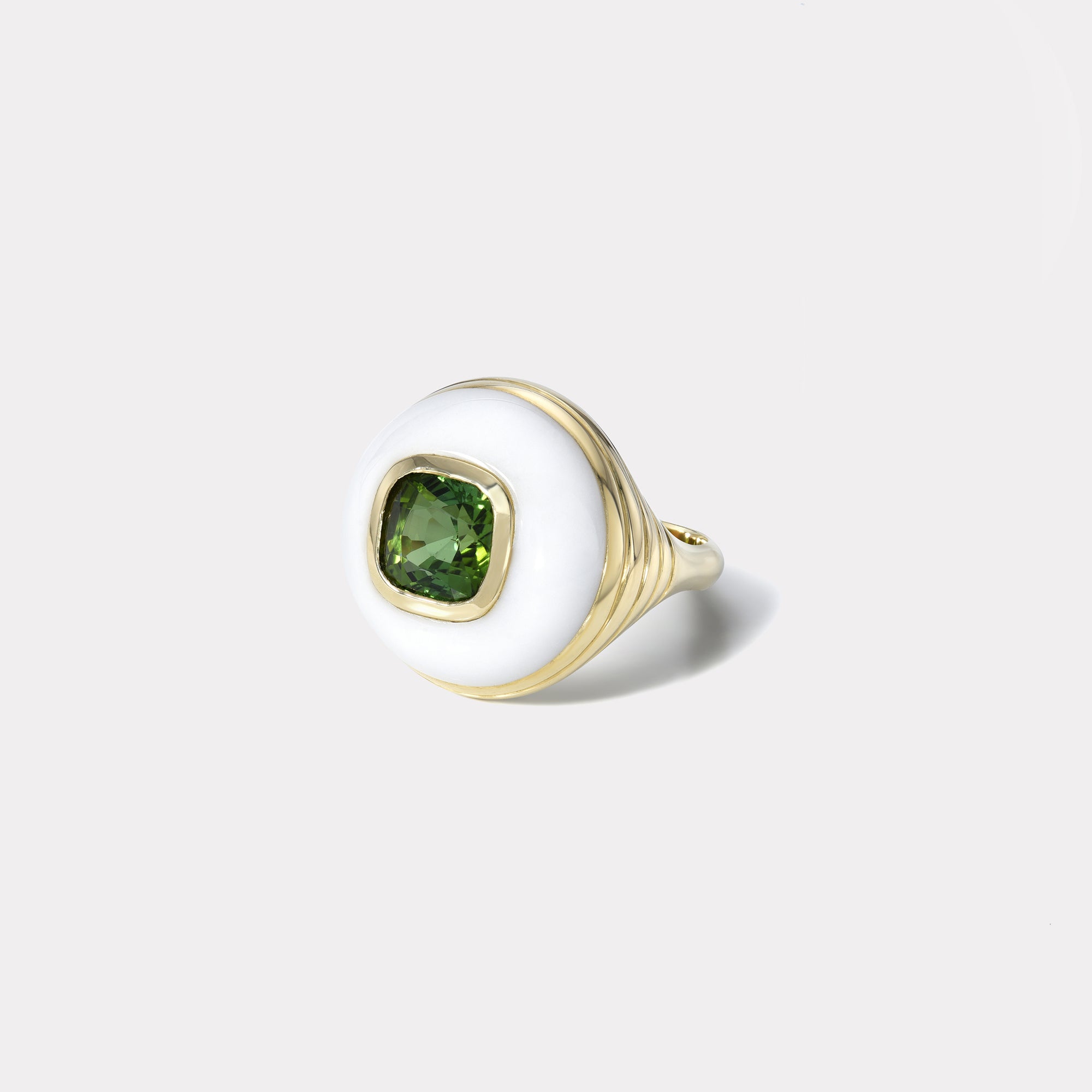 retrouvai 2.9ct Cushion Green Tourmaline in Hand Carved White Chalcedony Petite Lollipop Ring